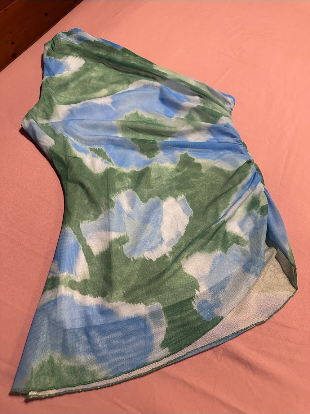 Ladies Watercolor Green and Blue Floral Mesh Asymmetrical Top, S, New